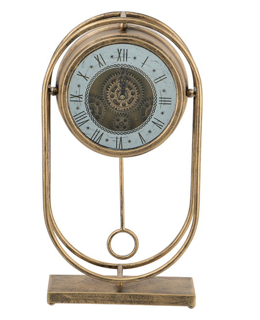 10.5x3x20" Vintage Inspired Table Gear Clock on Rectangle Stand, Gold
