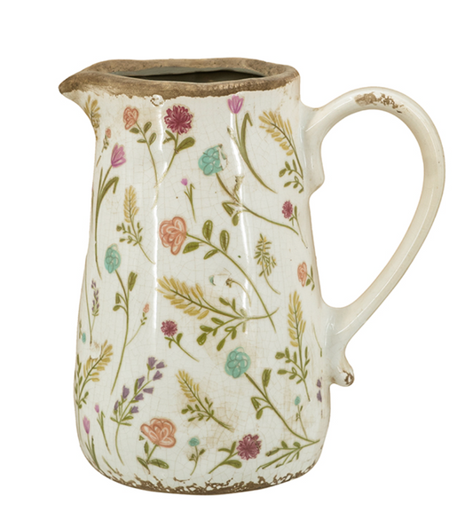 6.5x4.5x7" Round Ceramic Pitcher Vase with Multi-Colored Floral Motifs