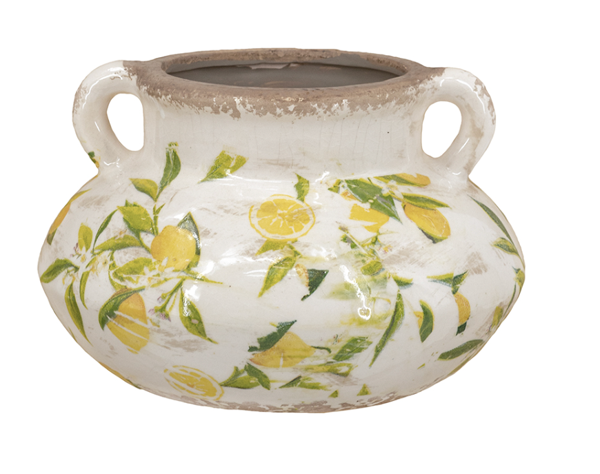 8x8x5" Wide Ceramic Planter with Yellow Lemon and Green Leaf Motif and Small Handles