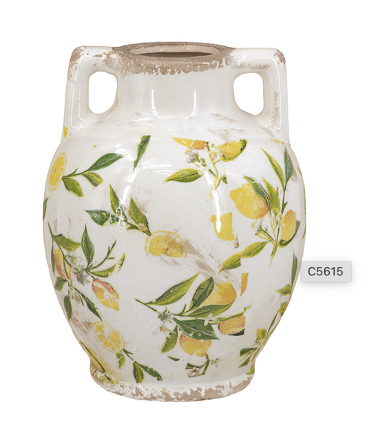 6.7x6.7x8.7" White Ceramic Vase with Yellow Lemon Motif and Small Handles
