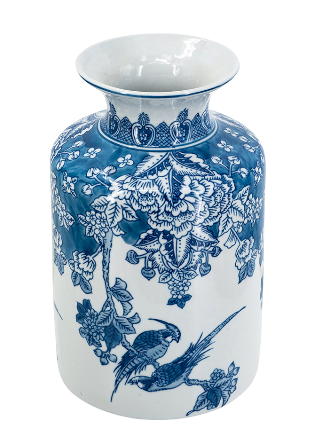 D8x12" Round Blue and White Porcelain Vase with Elegant Flower and Bird Motifs
