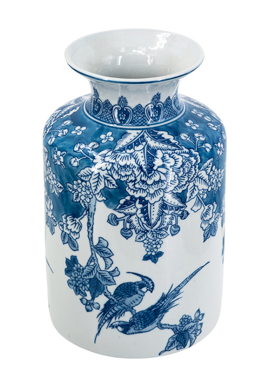 D8x12" Round Blue and White Porcelain Vase with Elegant Flower and Bird Motifs