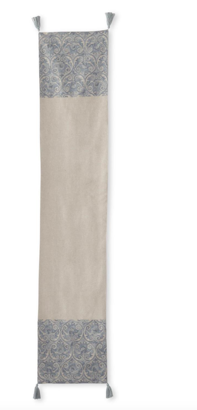 72 Inch Tan & Blue Gray Crest Embroidered Table Runner w/Tassels