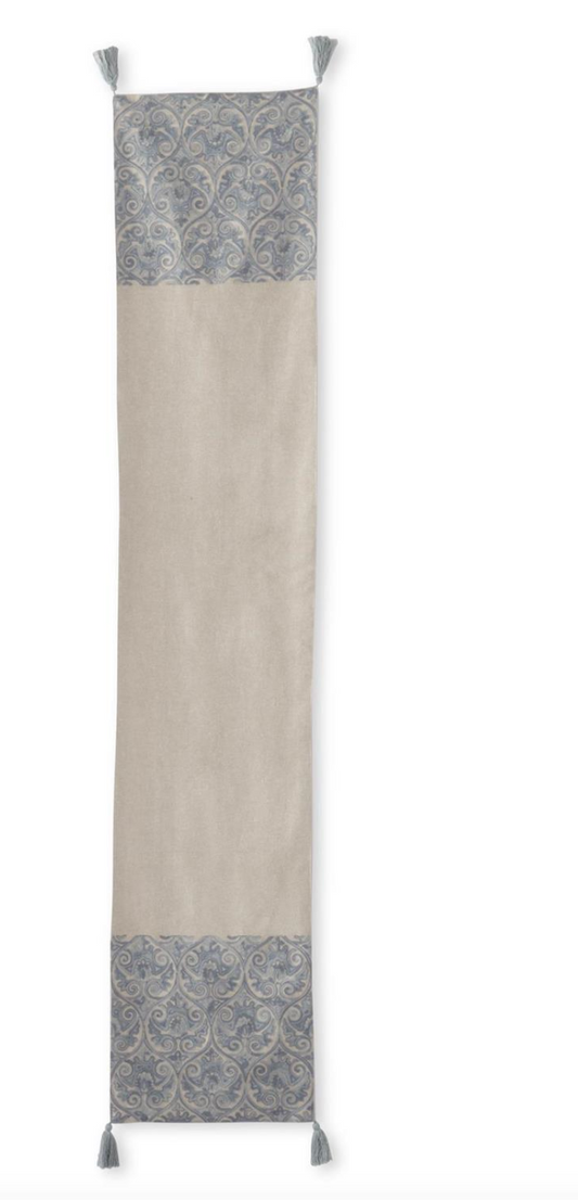 72 Inch Tan & Blue Gray Crest Embroidered Table Runner w/Tassels