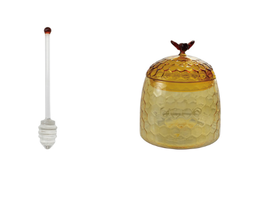 Glass Honey Jar W Bee Finial Honey Dipper & Lid, Yellow