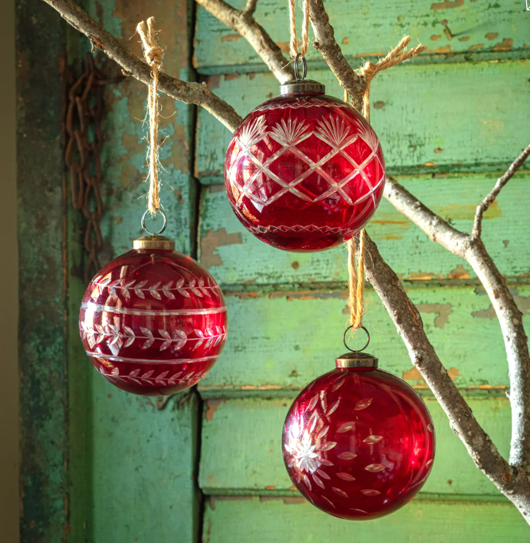 Christmas Red Glass Etched 4" Ball Ornament