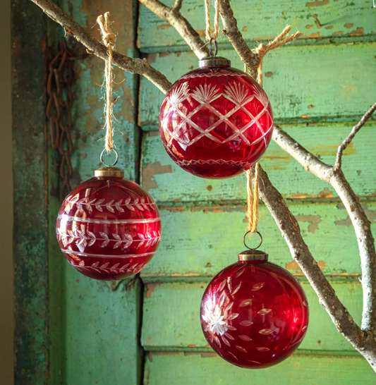 Christmas Red Glass Etched 4" Ball Ornament