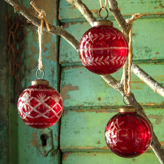 Christmas Red Glass Etched 3" Ball Ornament Assorted