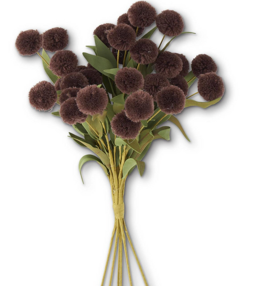 13 Inch Dark Brown Pompom Pick w/Green Eva Leaves Bundle (6 Stems)