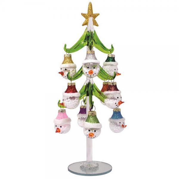Green Glass Tree 10 inch with 12 Snowman Ornaments