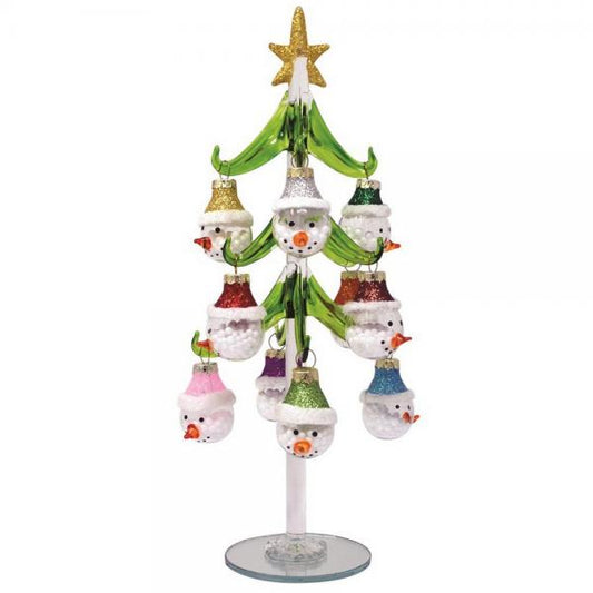 Green Glass Tree 10 inch with 12 Snowman Ornaments