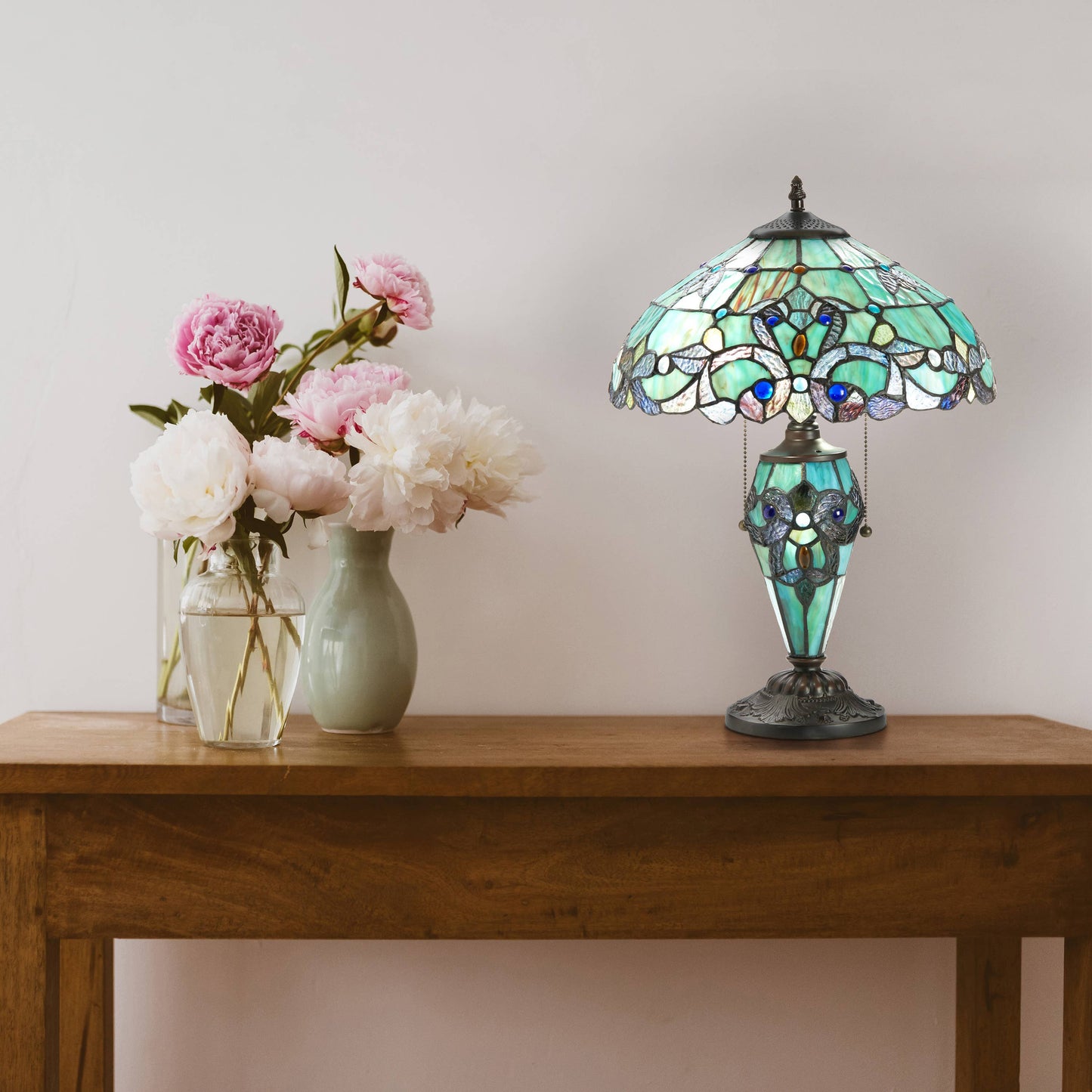 20"H Green Magna Carta Stained Glass Double Lit Table Lamp