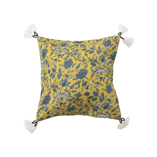 18" Cotton Pillow w/ Floral Pattern & Yarn-Wrapped Tassels