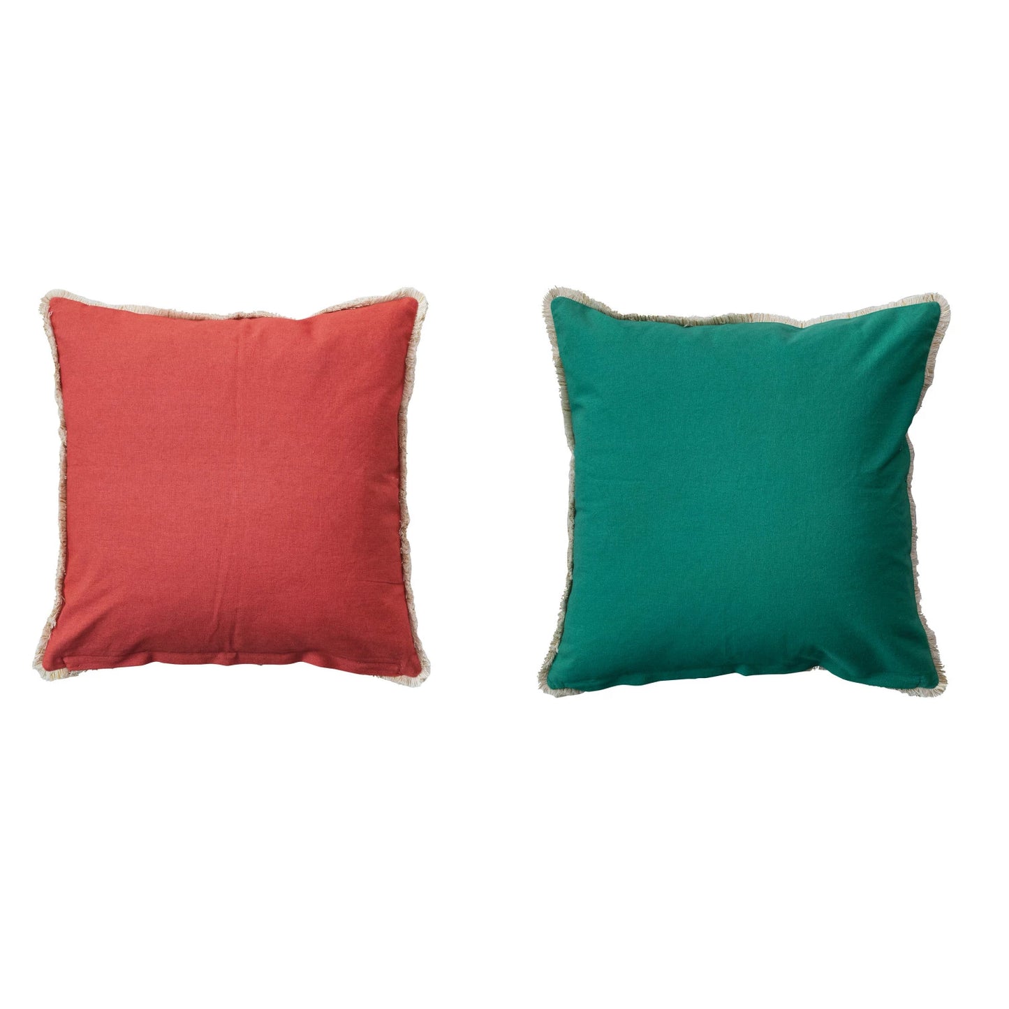 18" Square Cotton Pillow w/ Embroidered Flowers & Fringe, 2 Colors
