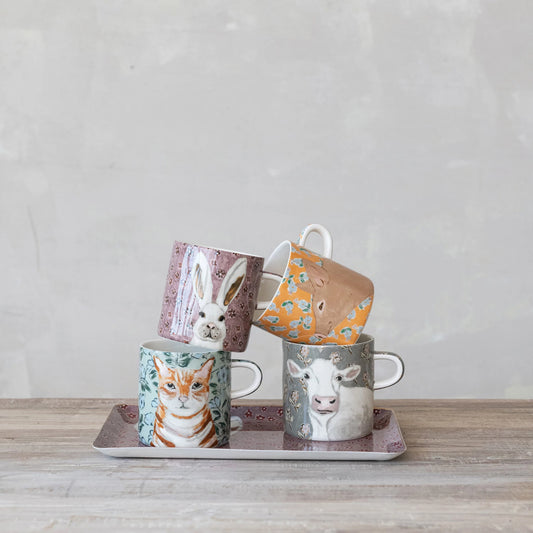 16 oz. Stoneware Mug with Pattern & Animal Image, 4 Styles