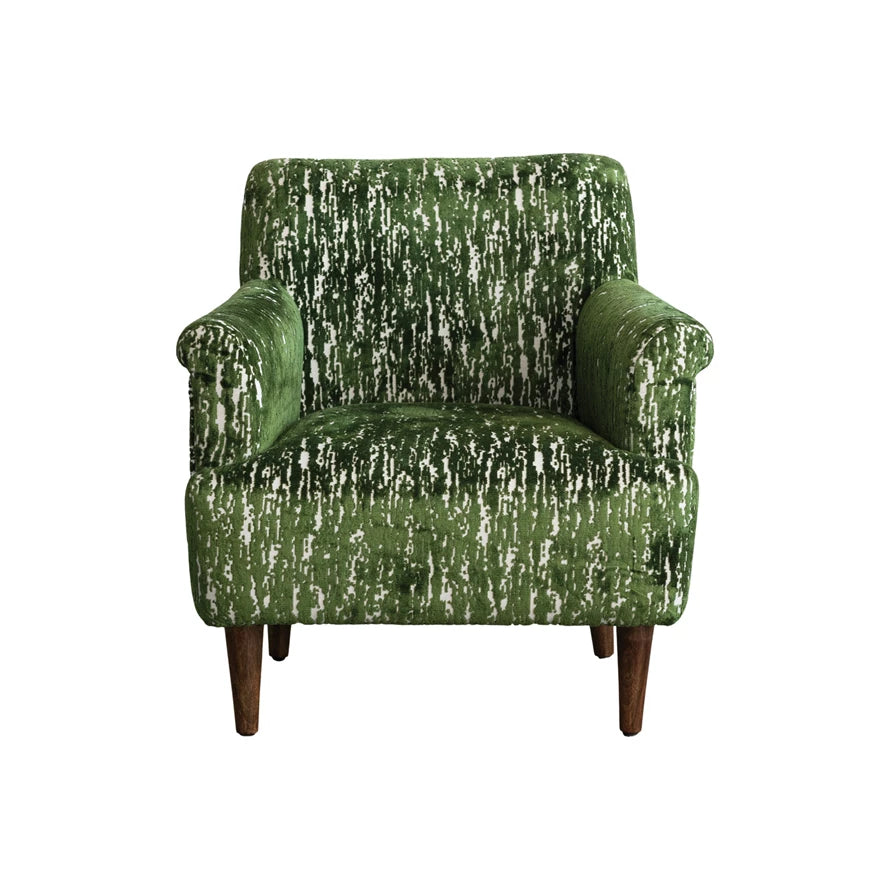 Burnout Velvet Upholstered Chair with Mango Wood Legs, Green, White & Walnut Finish