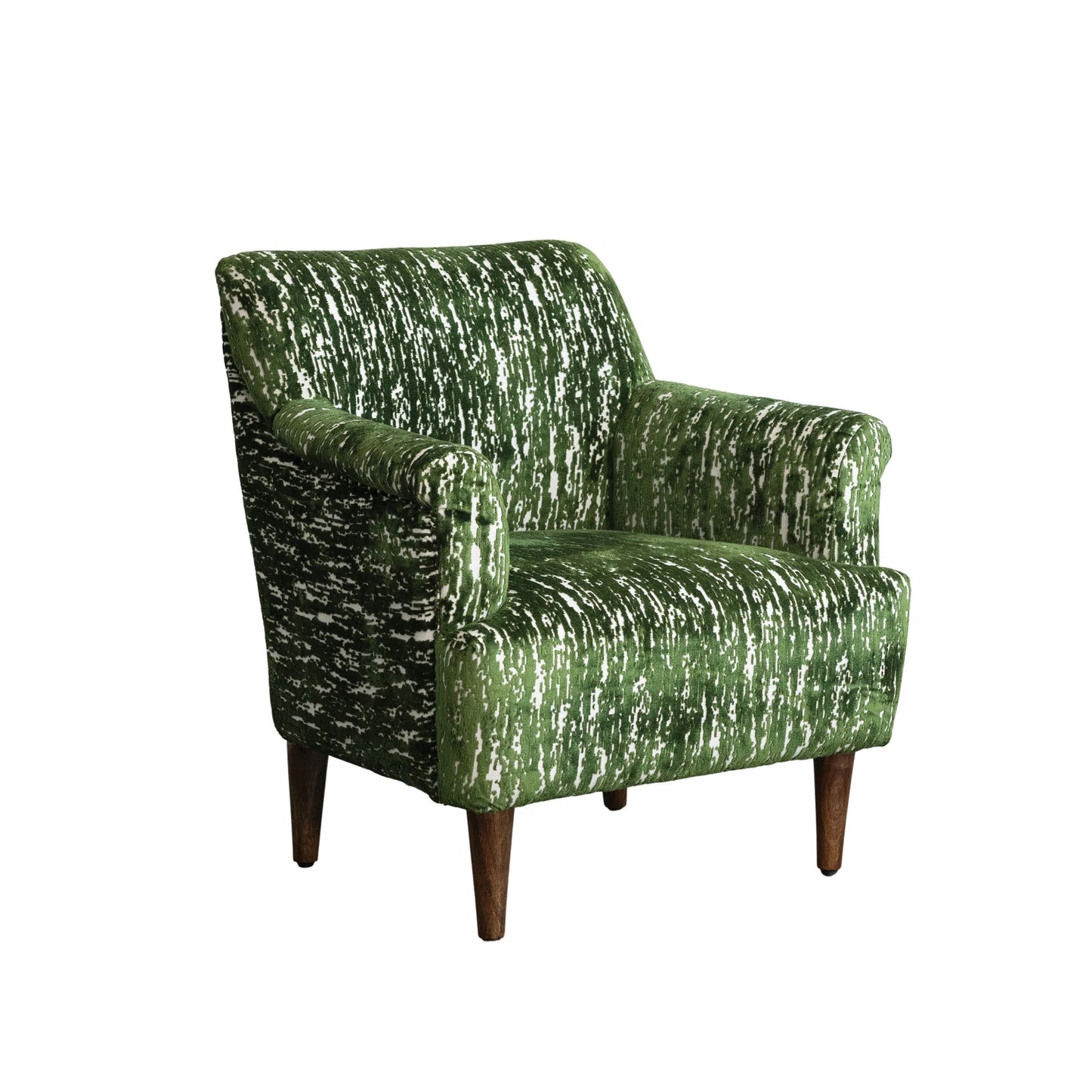 Burnout Velvet Upholstered Chair with Mango Wood Legs, Green, White & Walnut Finish
