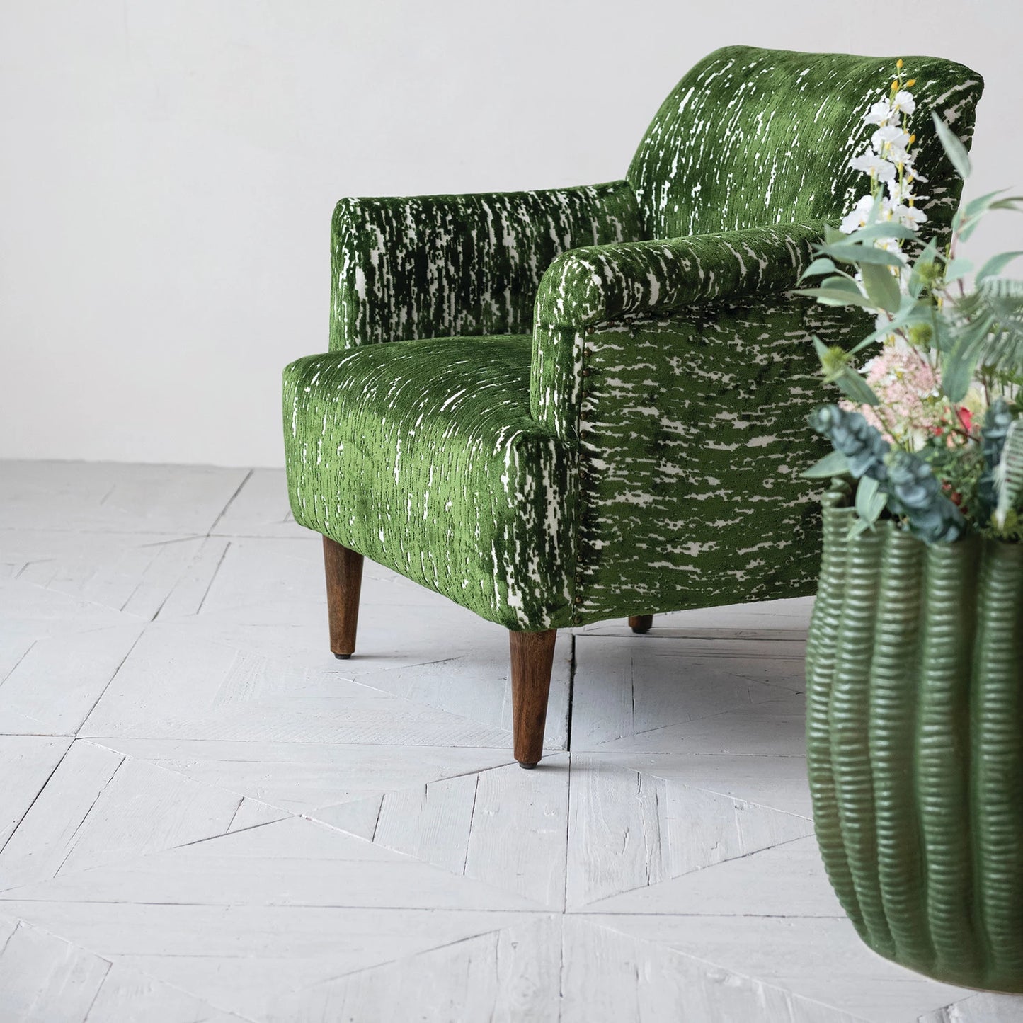 Burnout Velvet Upholstered Chair with Mango Wood Legs, Green, White & Walnut Finish