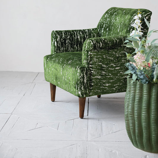 Burnout Velvet Upholstered Chair with Mango Wood Legs, Green, White & Walnut Finish