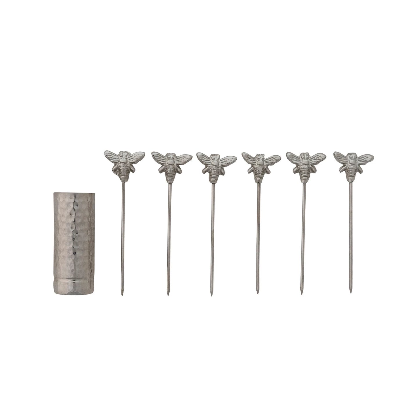 Aluminum Holder with (6) Stainless Steel Appetizer Picks with Bee Handles