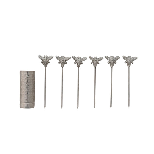 Aluminum Holder with (6) Stainless Steel Appetizer Picks with Bee Handles
