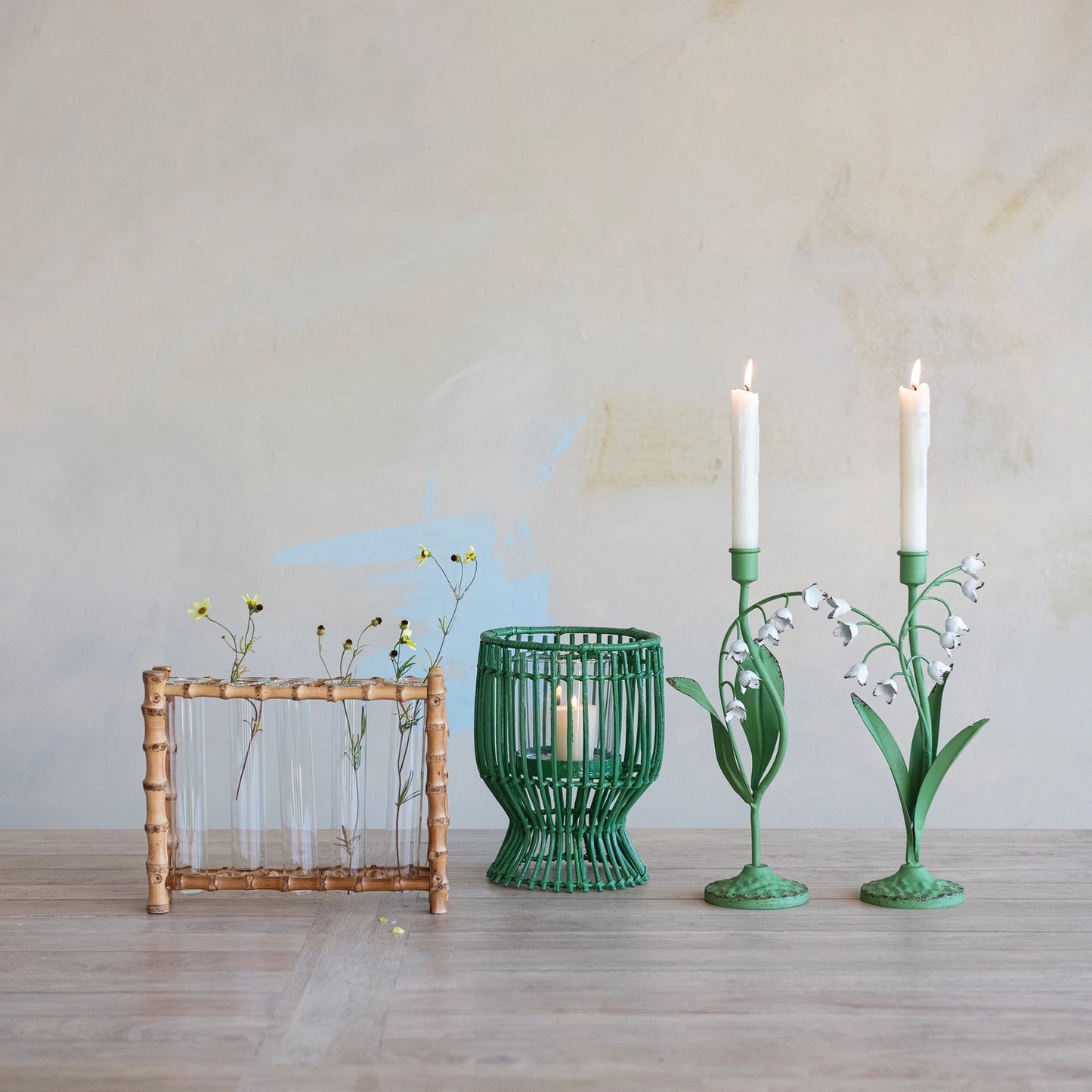 6-1/2" Round x 8"H Hand-Woven Rattan Lantern with Glass Insert, Green