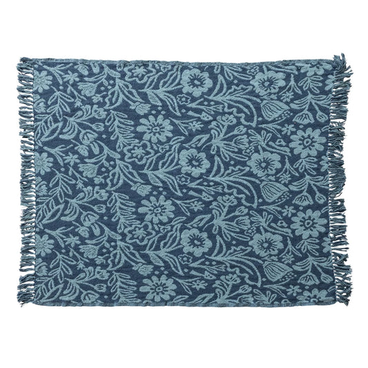 60"L x 50"W Woven Recycled Cotton Blend Jacquard Throw with Floral Pattern & Fringe