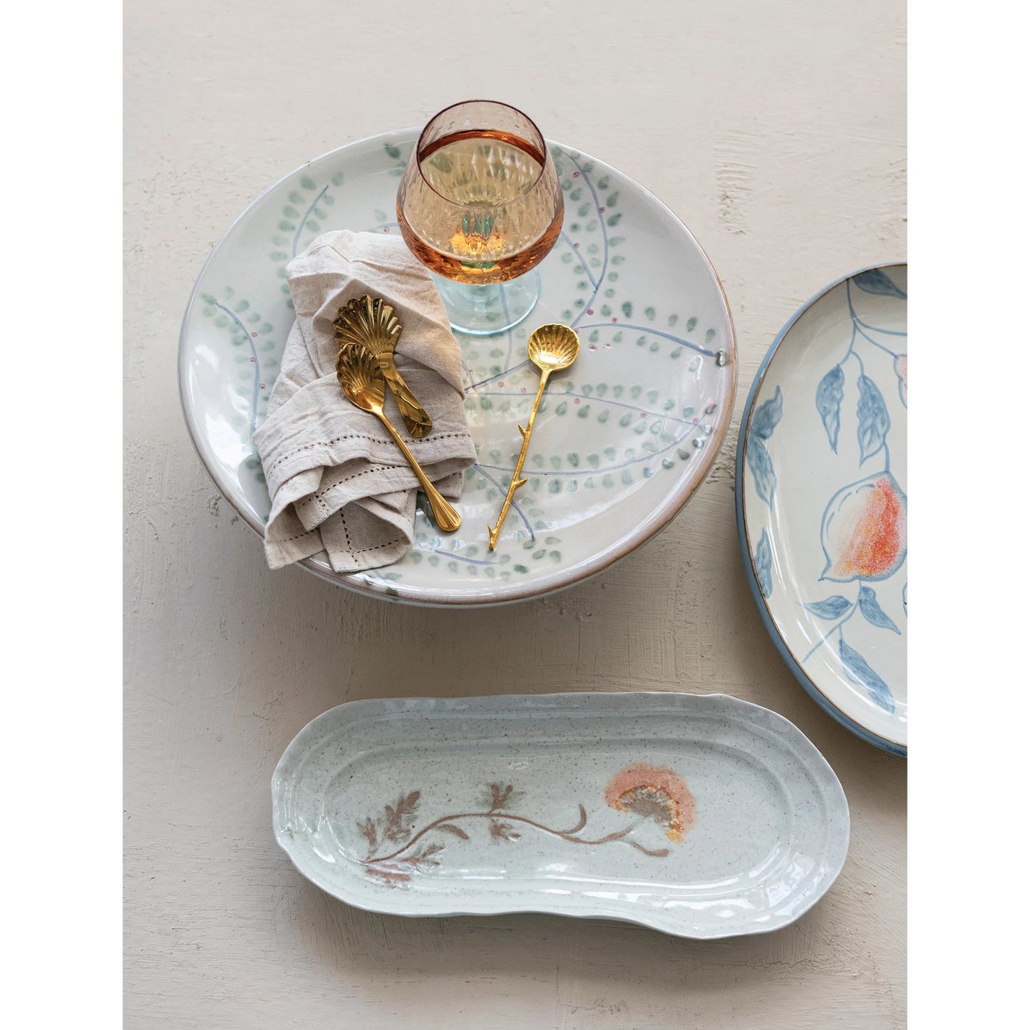 Hand-Painted Stoneware Organic Shaped Platter with Flowers (Each One Will Vary)