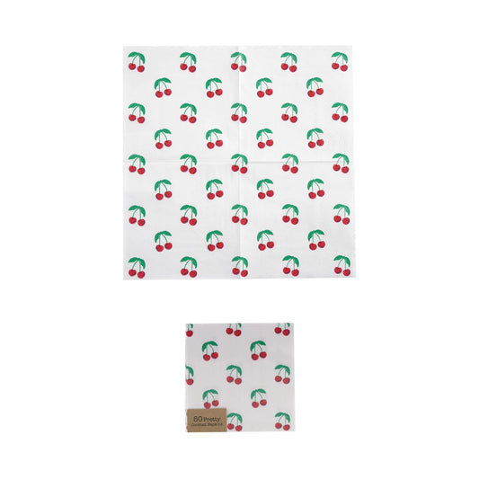 Paper Cocktail Napkins with Cherries, White (Contains 50 Folded Pieces)