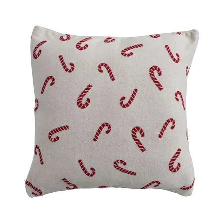 20" Square Cotton Knit Pillow with Candy Cane Pattern