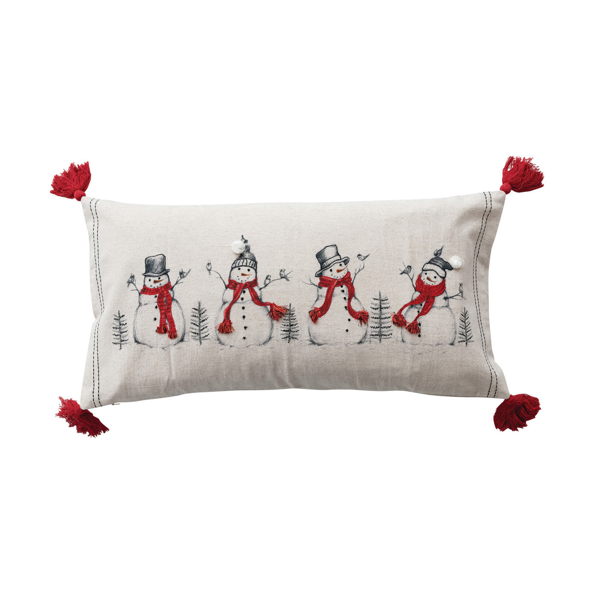 Lumbar Pillow with Embroidered Snowmen & Birds Image