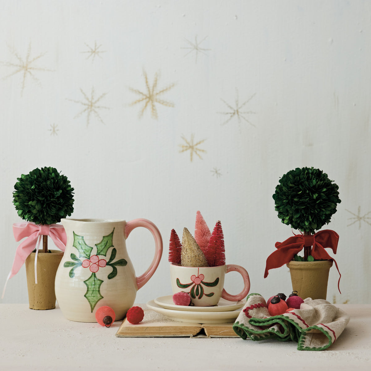 Dried Boxwood Tree in Terra-cotta Pot with Red Velvet Bow